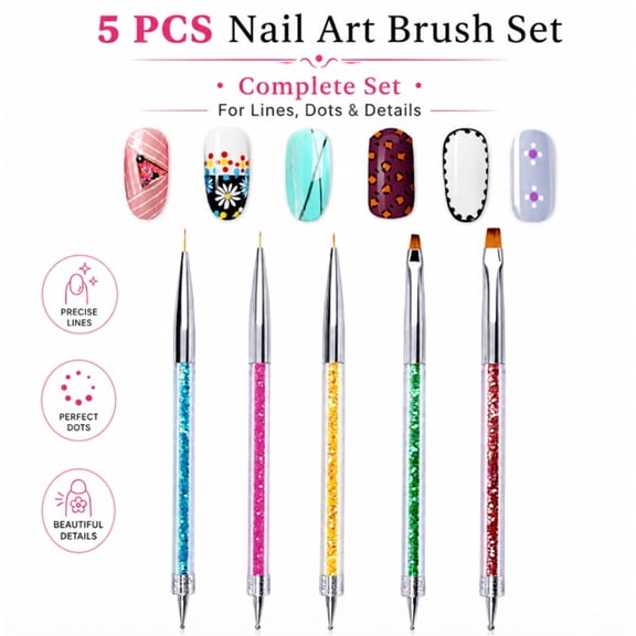 5 Piece Nail Art Brush Set, Double Ended Dotting Pen and Liner Brush for DIY Manicure Designs, TIKA