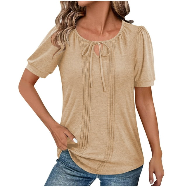 Camisetas Casuales de Manga Corta de las Mujeres con Cuello en V, Cuello Redondo, Color Sólido Blusa Ligera de Poliéster