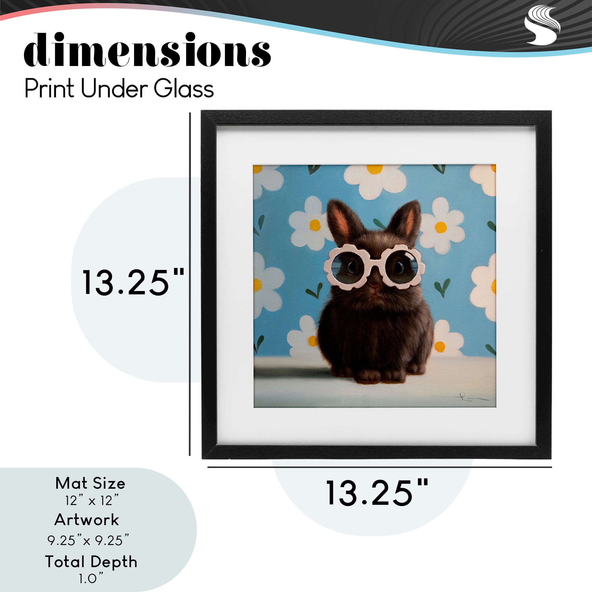 Flower Child Bunny Black Framed Print Under Glass, design by Lucia Heffernan
