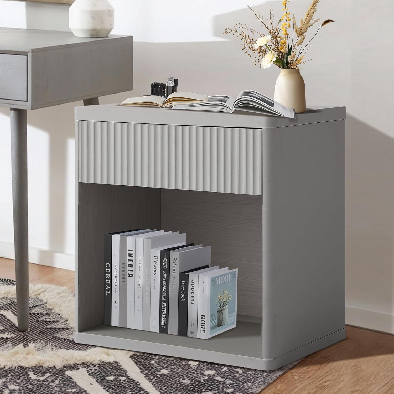 Haverchair Fluted Night Stand, Nightstands with Drawer Storage, Modern Mid Century Bed Side Table End Table, Large Modern Wide Bedside Table for Bedroom Living Room Sofa Couch Office, Gray