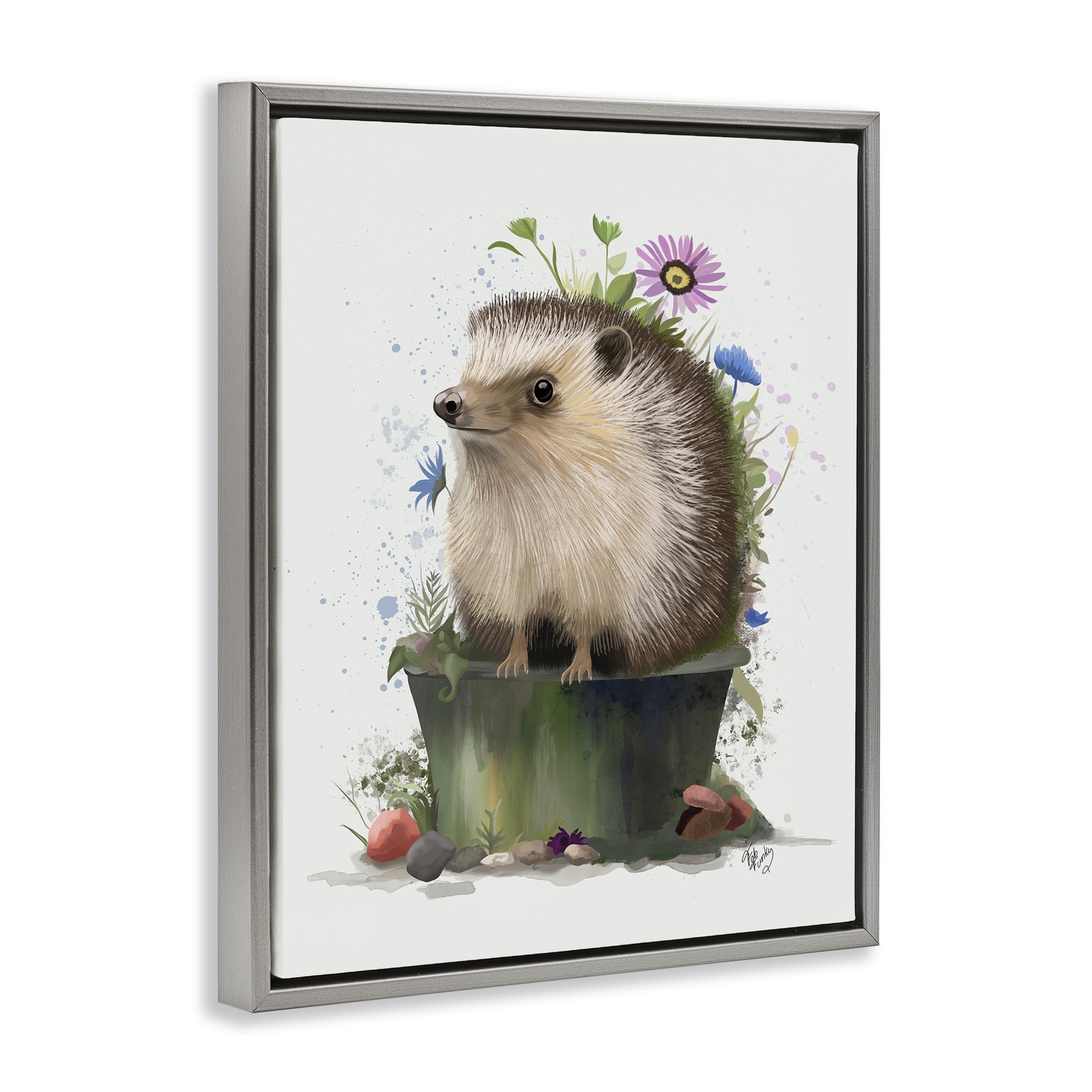 Stupell Industries Hedgehog in Gardening Pot Animals & Insects Painting Gray Floater Framed Canvas Art Print Wall Art, 25 x 31