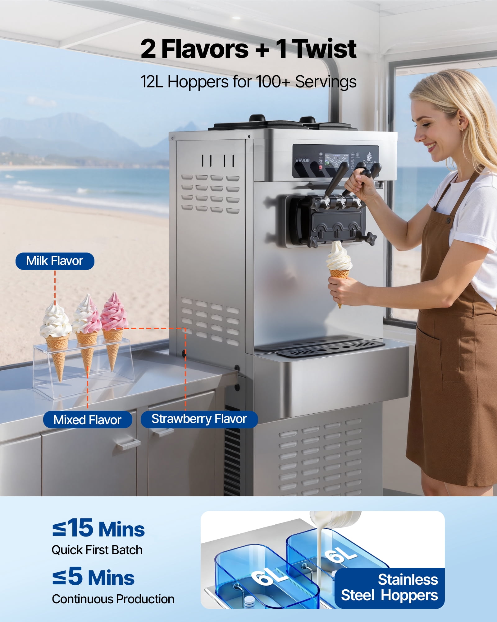 VEVOR Commercial Ice Cream Machine, 20-28L/H Yield, 2200W 3-Flavor Freestanding Soft Serve Ice Cream Maker with 2 x 6L Hoppers & Built-In Puffing Pump,Pre-Cooling Low-Mix Alert for Snack Dessert Shop