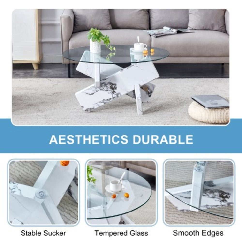 33" Round Glass Coffee Table, Modern Circular Tea Table with Tempered Glass Top and Wood-Look MDF Legs for Living Room, White