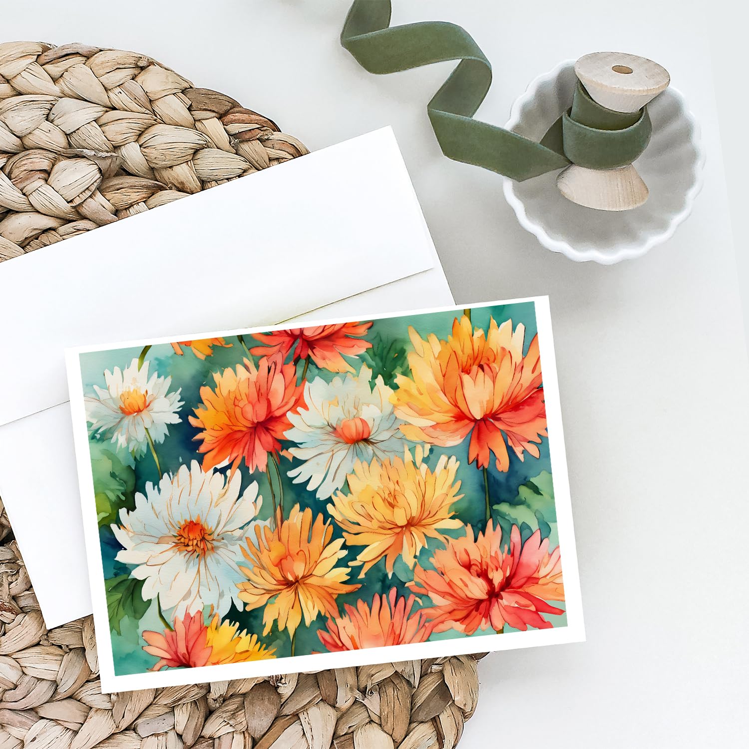 Chrysanthemums in Watercolor Greeting Cards and Envelopes Pack of 8 7 in x 5 in