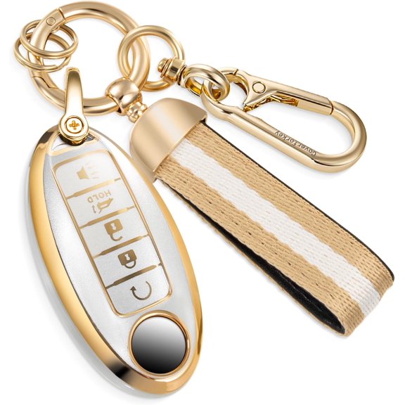 Key Fob Cover Compatible with Nissan Murano Pathfinder Rogue Titan Versa Infiniti 5 Button Metal TPU Anti-Loss Fashionable Keychain Case Holder Protector,Nylon Belt-gold