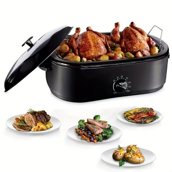 16 Quart Electric Turkey Roaster Oven, Eight Temperature Settings, Self-Basting Stainless Steel Lid, Dishwasher Safe Removable Pan & Rack, Black
