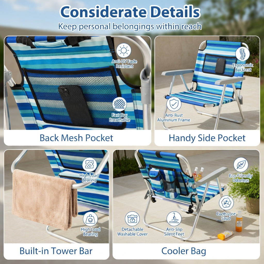 Hommoo 2-Pack Lightweight Folding Beach Chairs for Adults, 4-Position Adjustable Backrest, Rust-Resistant Aluminum Frame, Oxford Fabric Seat, Blue