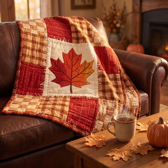 QualiVow Patchwork Maple Leaf Throw Blanket with Fringe Edge, Cozy Soft Autumn Quilt for Couch Sofa Living Room and Seasonal Home Decor