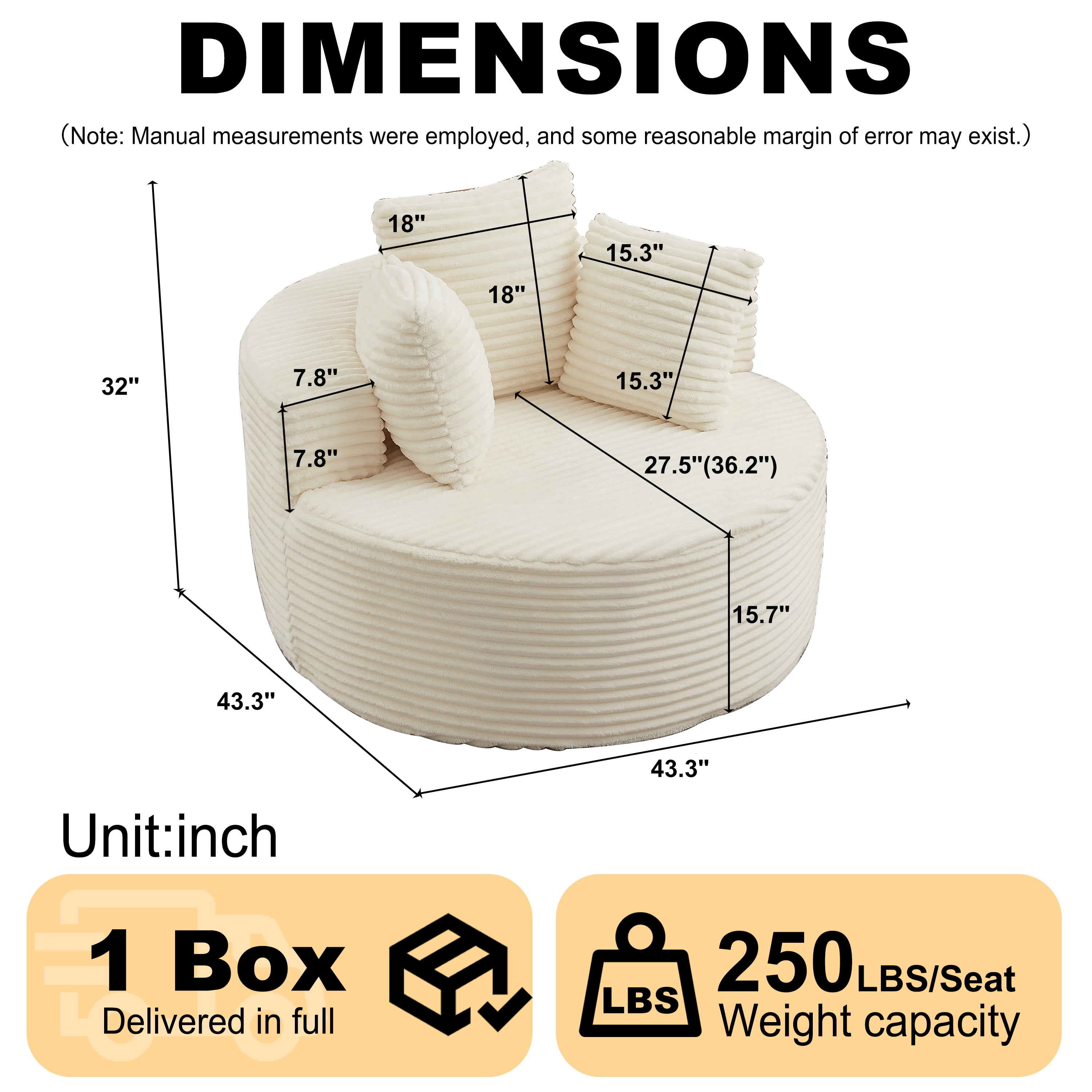 43 Inch Round Corduroy Single Sofa Lounge Chair with 3 Pillows, Spring Coil Filled Compressed Shipment Minimalist Accent Chair for Bedroom Living Room Game Room Lounge