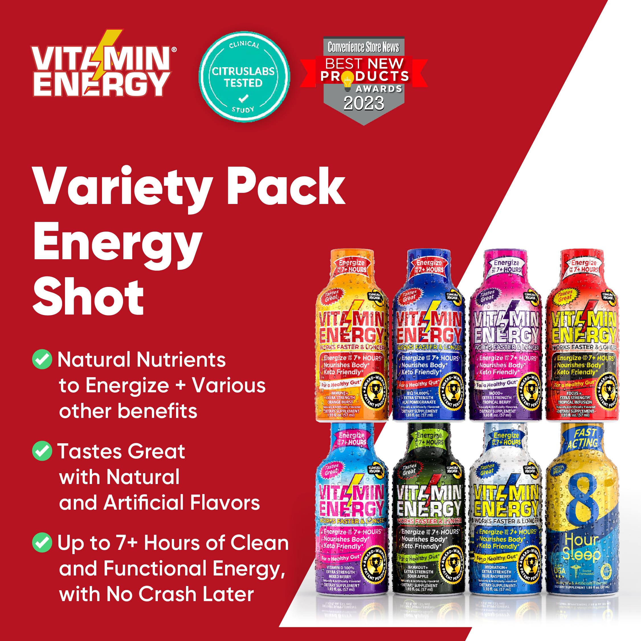 Vitamin Energy Extra Strength Shot Variety Pack, 12 Pack – 260mg Natural Caffeine, Multi-Functional Energy, Focus, Hydration & Immune Support, Zero Sugar, 1.93 fl oz