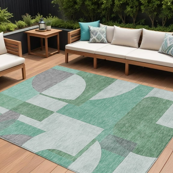 HomeRoots 617912 9 x 12 ft. Green, Sage & Gray Geometric Washable Indoor & Outdoor Rectangle Area Rug