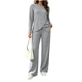 thumbnail image 2 of Brnmyaeo Womens 2 Piece Sets Ribbed Knit Asymmetrical Hem Long Sleeve Top and Straight Leg Pants Warm Cozy Matching Sets Airport Outfit, 2 of 7