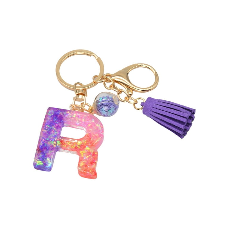 Crafty Angel Art A - Letter - Initial Resin Keychain Translucent Purple with Chunky Glitter Letter A with Silver Glitter Lining and Pretty Heart Decals and A Butterfly