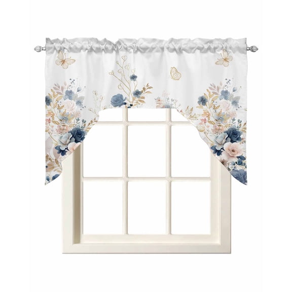 Navy Blue Spring Floral Swag Valances for Windows, Small Curtains Drapes, Elegant Pastoral Flowers Watercolor Kitchen Window Curtains Over Sink Window Treatment Valance for Bedroom/Bathroom 56"x36"