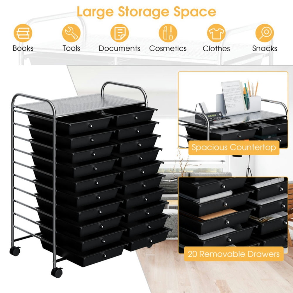 Spaco 20 Drawers Storage Rolling Cart Studio Organizer-Black, Craft Organizers and Storage, Multipurpose Organizer Cart for Home, Office, School