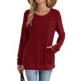 thumbnail image 5 of Otntypg Sweters for Women Dressy Casual Long Sleeve Ribbed Knitted Sweater Tops Lightweight Crewneck Tunic Shirts Loose 2025 Fall Outfits Clothes with Pocket Wine L, 5 of 9