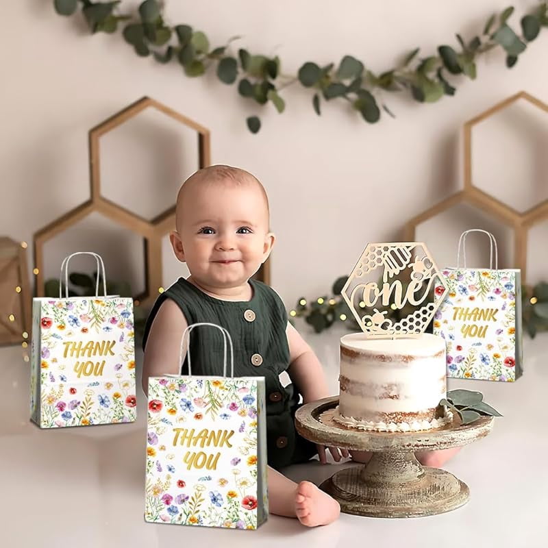 20 Pcs Thank You Party Favor Bags with Handles, Floral Design Thank You Gift Paper Bags for Birthday Baby Shower Wedding Party