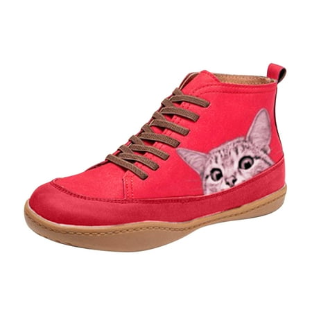 

Boots Women s Cat Pattern Printed Lace-up Comfortable Flat Casual Short