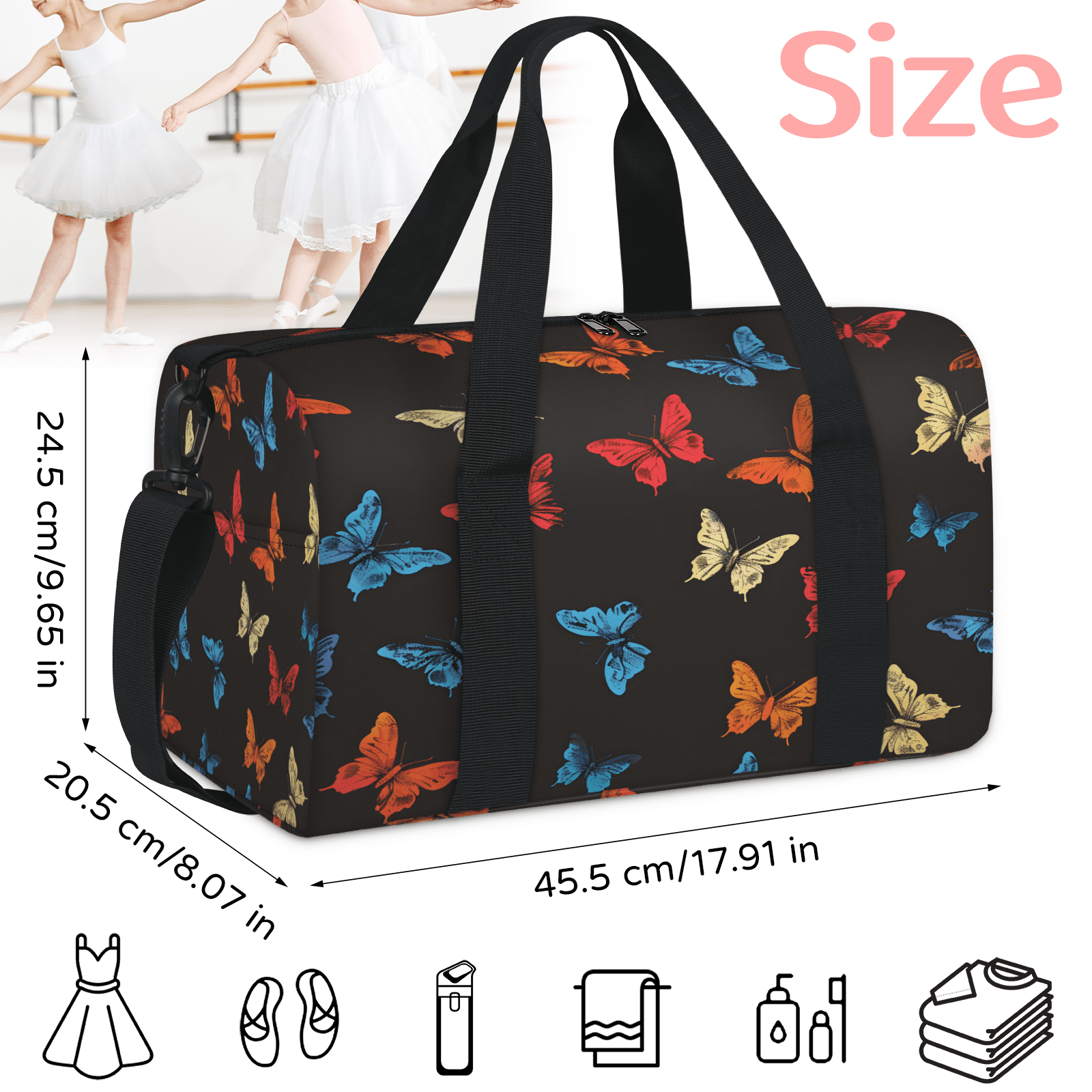 Herdesigns Butterflys Travel Duffle Bag Sports Yoga Weekender Overnight Carry on Workout Bags Lightweight Waterproof Gym Tote Bag for Women