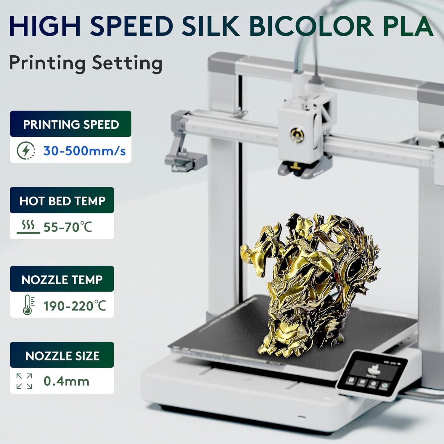 Silk Dual Color PLA Filament 3D Printer 1.75mm +/- 0.03mm, Bicolor Filament Two Tone PLA 1KG(2.2lbs) Cardboard Spool, Black Gold