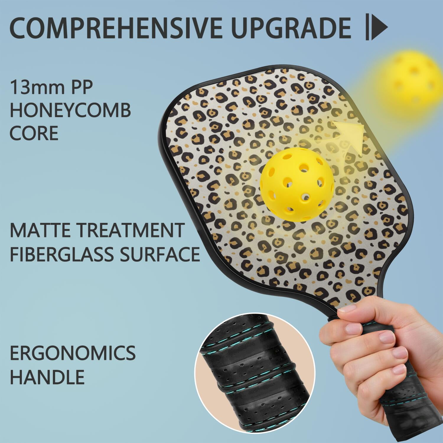 Pickleball Paddles Set Of 1, Fiberglass Surface, Animal, Leopard Print, 1 Paddle, 2 Balls & Bag