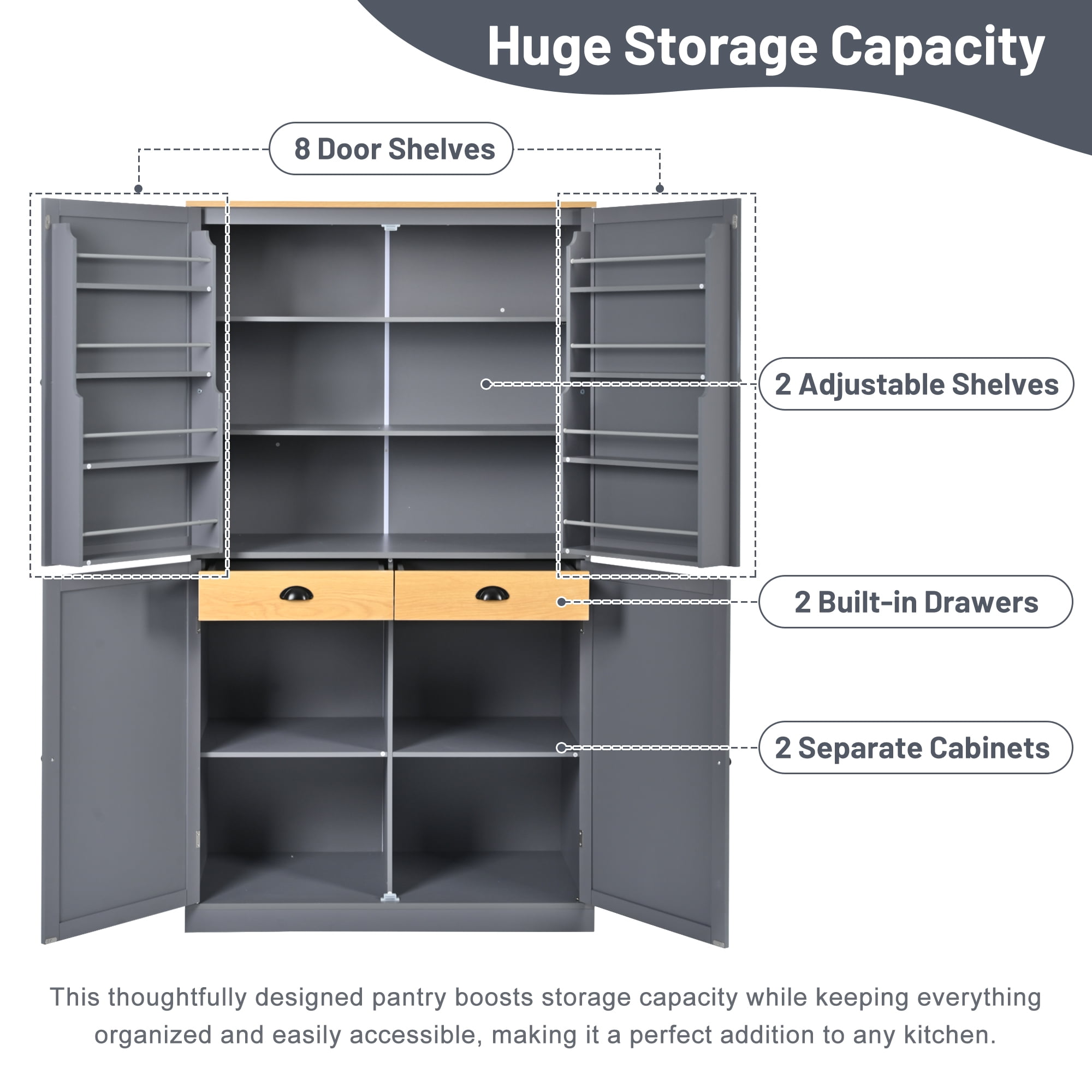 MAYEERTY 40.2" Farmhouse Freestanding Kitchen Pantry Cabinet – Large Storage Cupboard with Adjustable Shelves, Drawers & Door Shelves