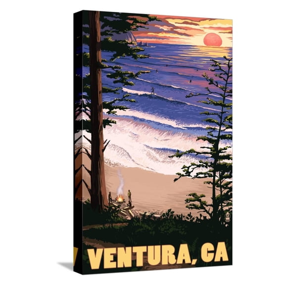 Art.com Ventura, California - Surfing Sunset Stretched Canvas Print Wall Art by Lantern Press, 12" x 18"