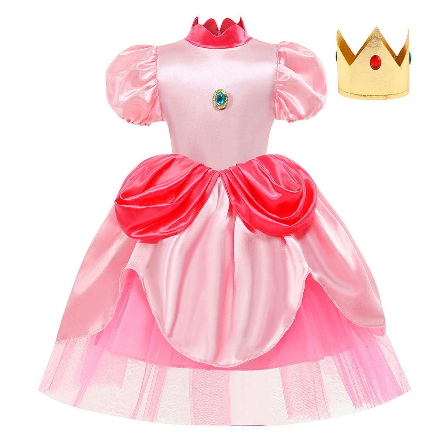 Kawell Princess Peach Costume Dress Girls Birthday Party Costume Gift Kids Halloween Party Dress Up With Crown Pink