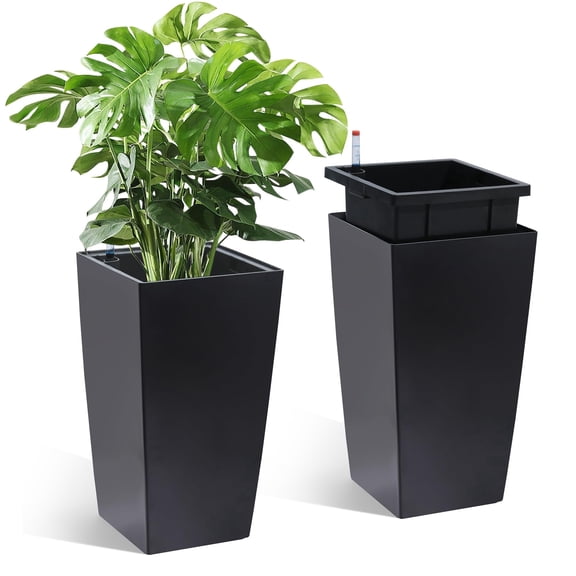Goldensoil 2-Pack 16" Tall Rectangular Planters, Self-Watering Pots with Drainage & Monitor, Black