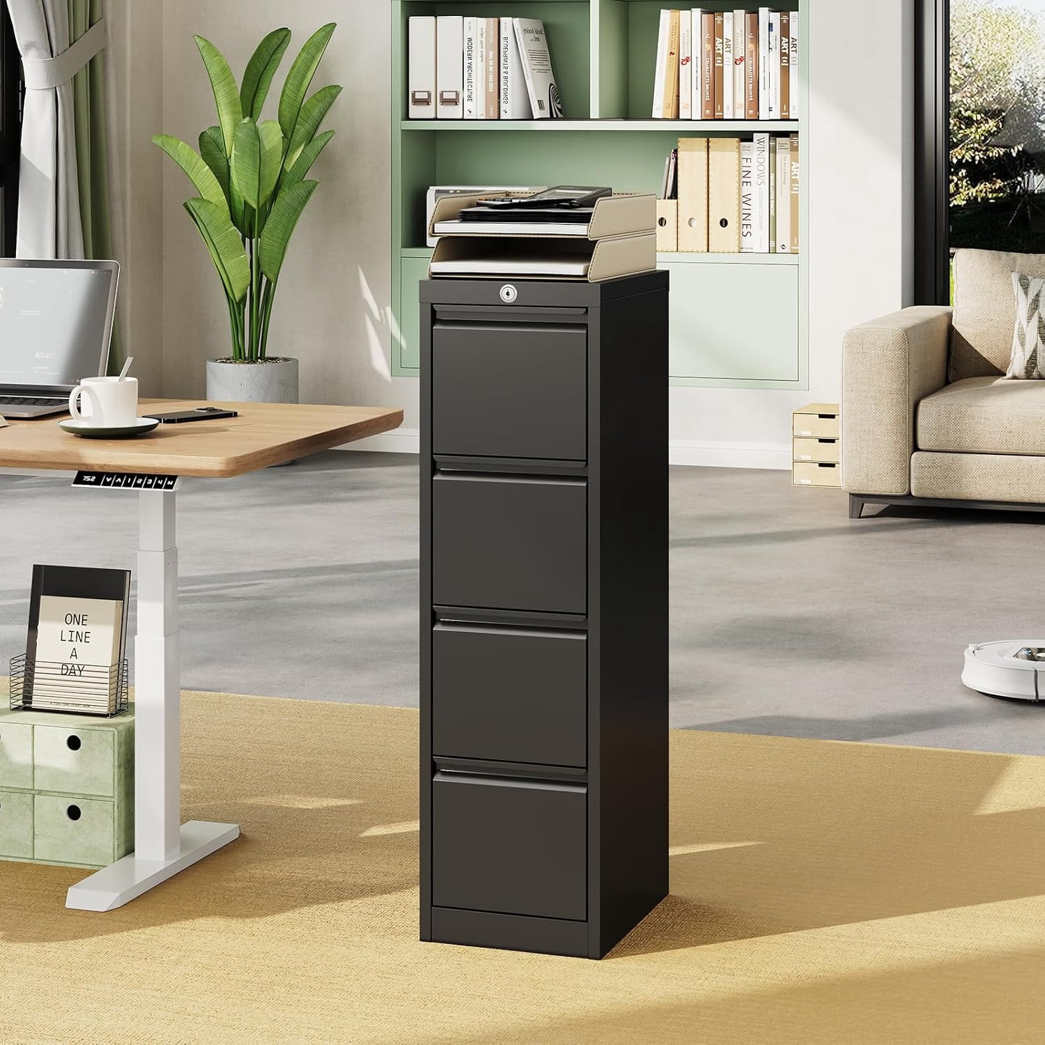 M optimized 4 Drawer File Cabinet with Lock, Metal Vertical Filing Cabinets for Home Office, Heavy Duty File Storage Cabinet, Black
