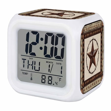 Country Texas Star Digital Alarm Clock for Bedrooms, Smart LED Alarm Clock with 7 Color Changing Night Light, Brown Farmhouse Vintage Wooden Silent Wake Up Clocks for Sleep Study Cooking 3.2x3.2
