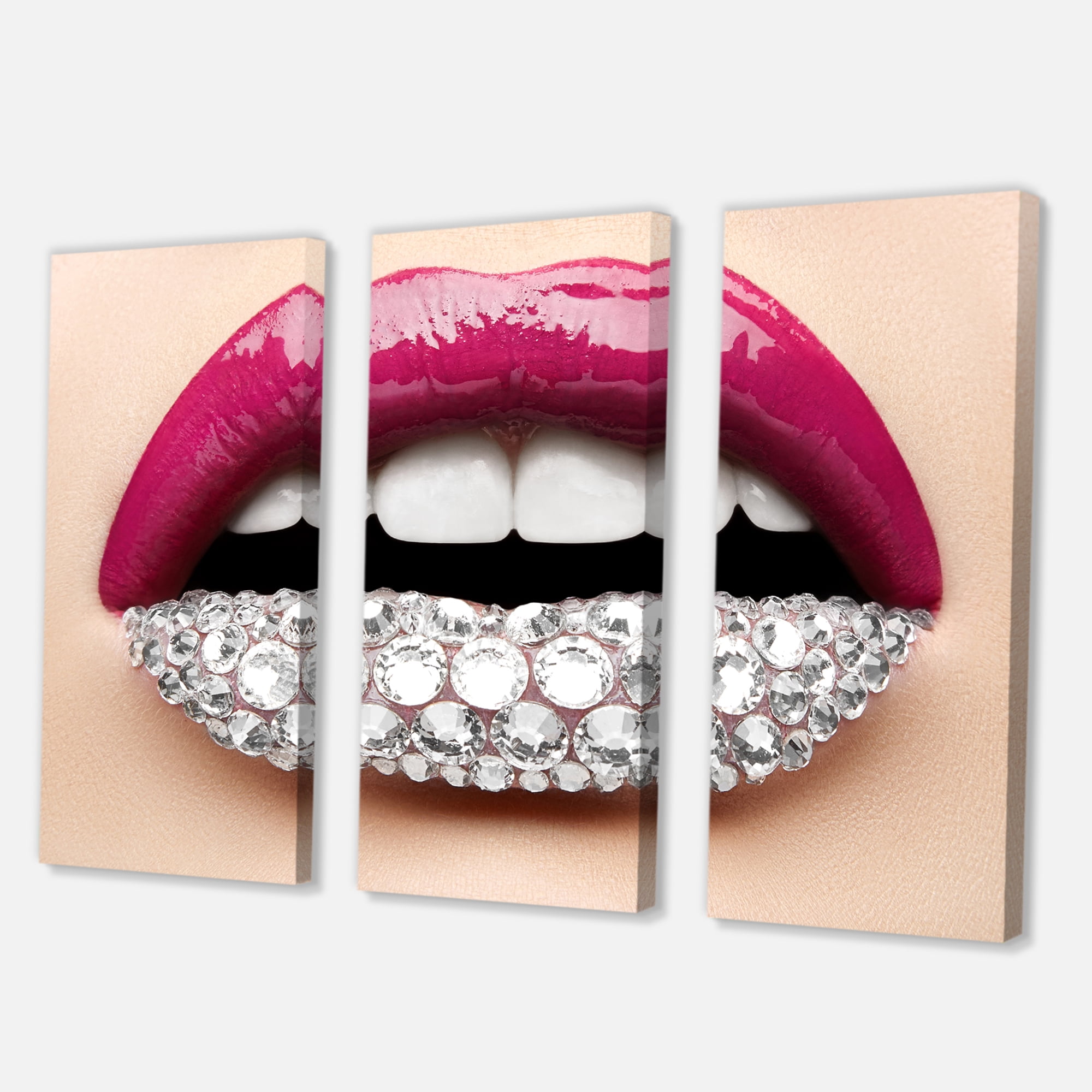 Designart ' Girl Lips With Pink Lipstick White Diamonds ' Modern Canvas Wall Art Print