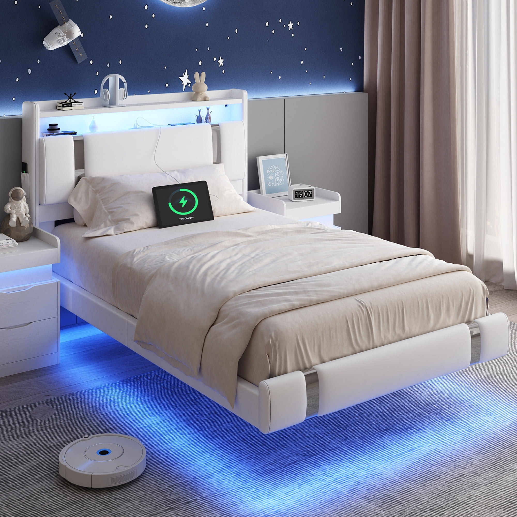 IDEALSOUL Twin Size Floating Bed Frame with Upholstered Storage Headboard, Metal Platform Bed with Charging Station & LED,No Box Spring Needed,Easy to Assemble (Twin,White)