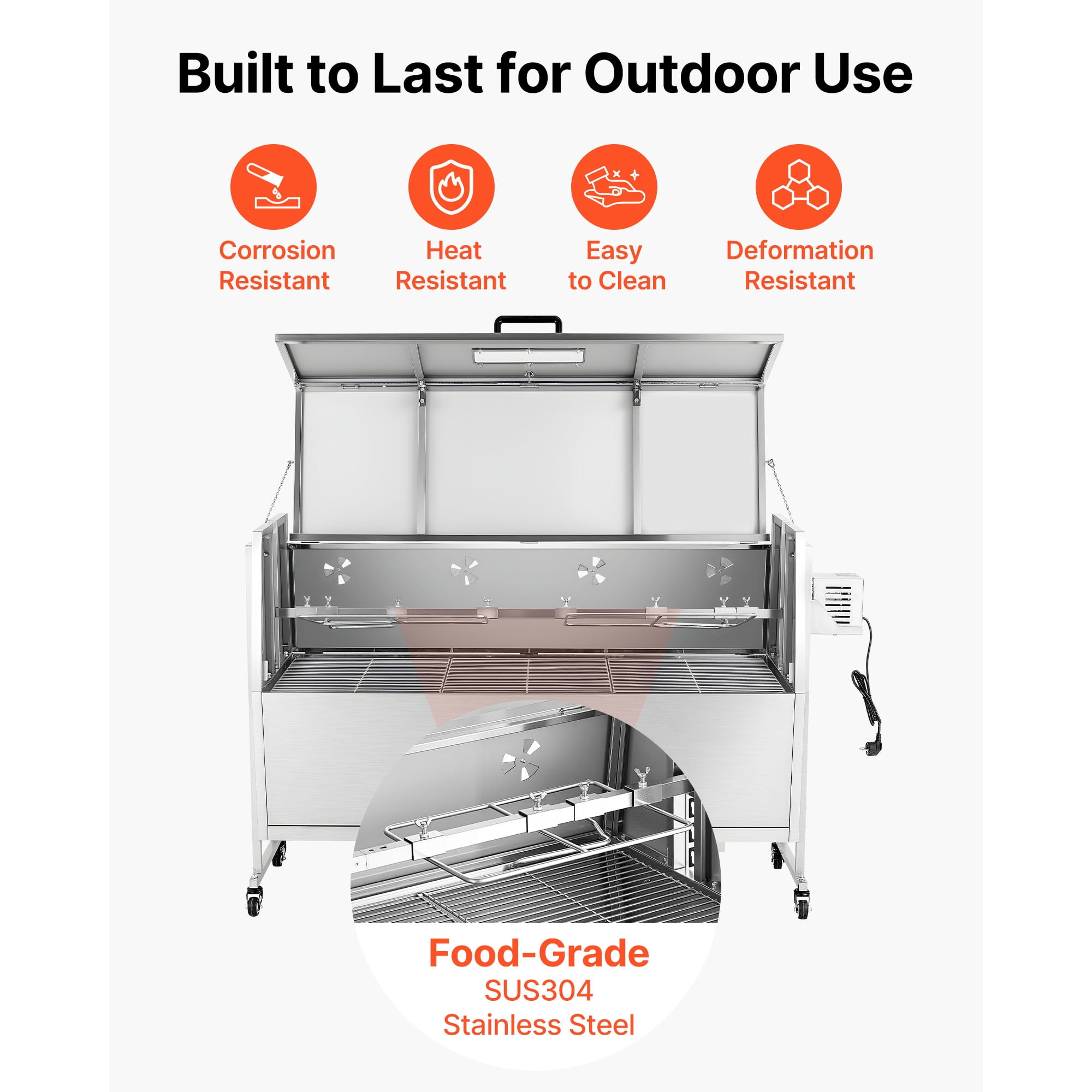 KFFKFF Rotisserie Grill with 38W Motor, Outdoor BBQ Spit Roaster for Pig & Lamb, Charcoal Grill with 132 lbs Capacity, Adjustable 4-Level Height, Stainless Steel Design with Wheels