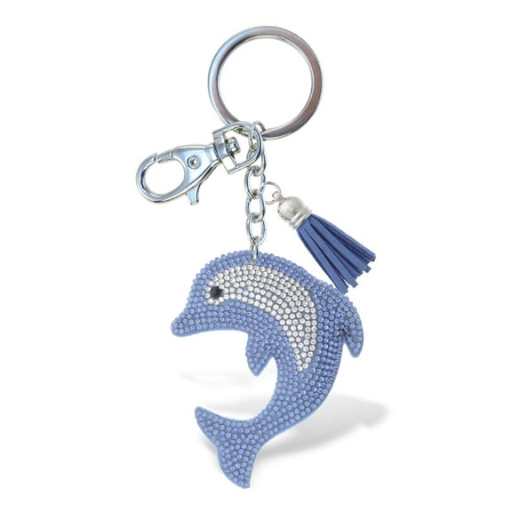 Aqua79 Dolphin Keychain - Blue Sparkling Rhinestones Charm with Tassel, Fashionable Stylish Polyester PU Sea Life Key Ring Bling Jewelry Accessory with Clasp For Key Chain, Bag, Purse & Backpack
