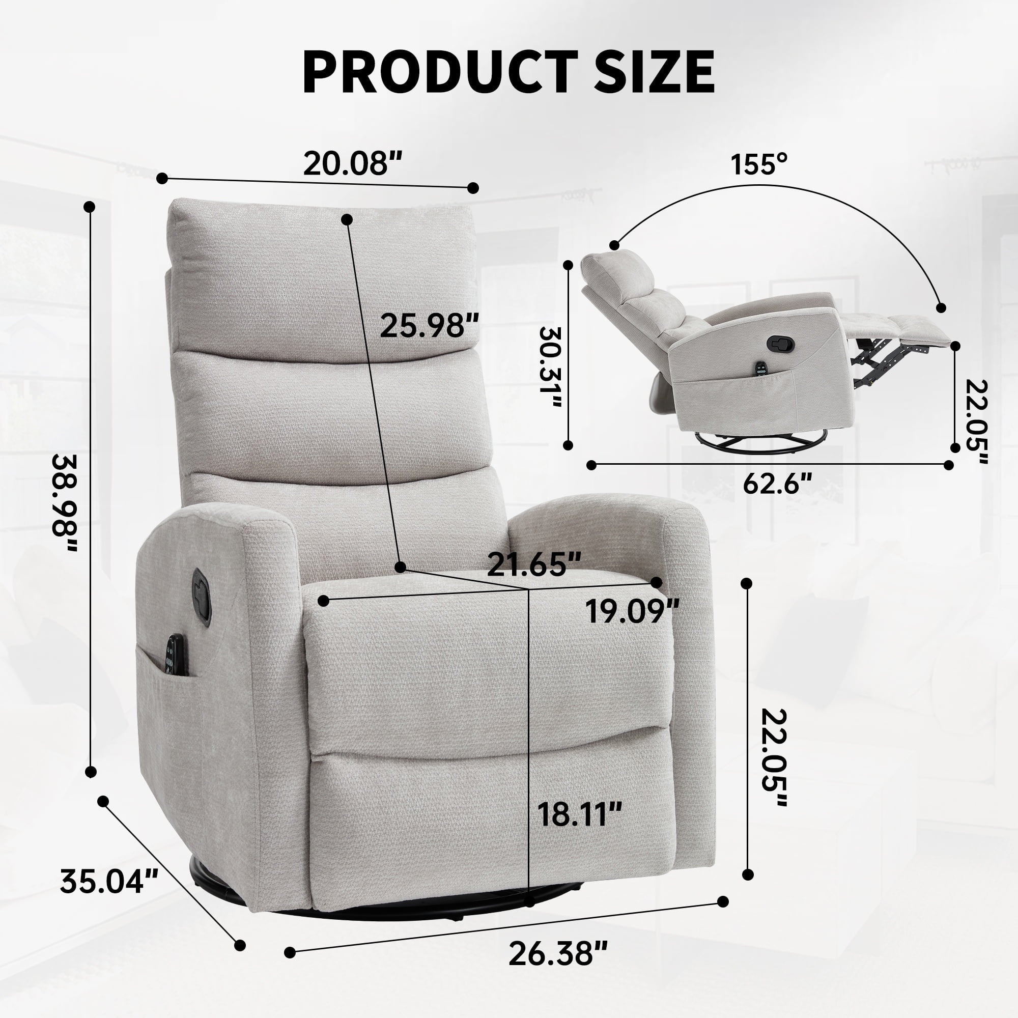 HSUNNS 360° Swivel Rocker Recliner Chair with Heat Massage, Chenille Manual Single Rocker Sofa Recliner Chair with Side Pockets for Living Room Home Theater, Grey