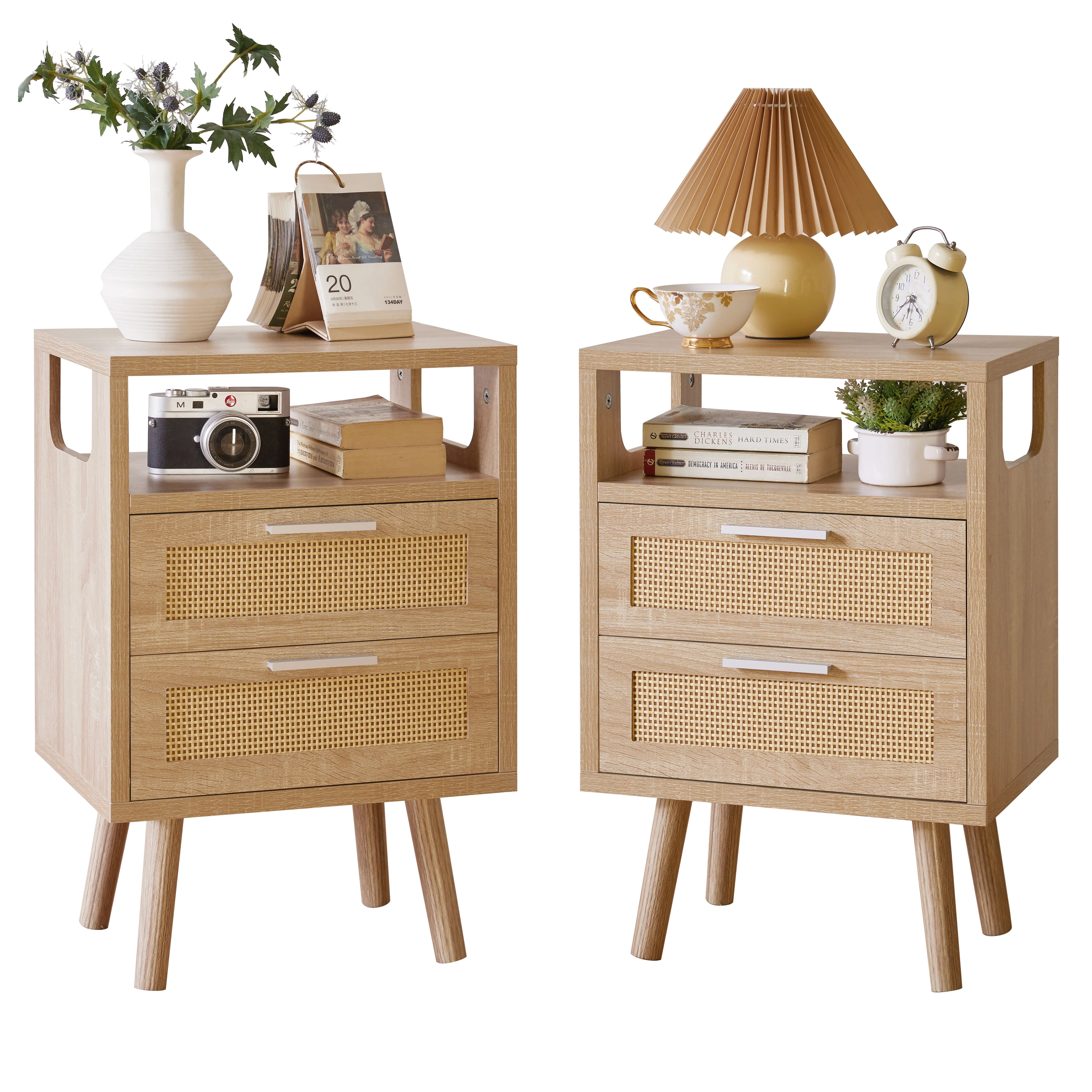 OTONIPU Rattan Nightstands Set of 2 with 2 Drawers, Modern Wood Bedside Tables with Gold Handles, Oak End Tables