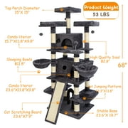 68 Inches Multi-Level Big Cat Tree, Tall Multi-Cats Tower with 2 Big Cat Condo &Cat Hair Brush, Large Cat Tree with 3 Padded Plush Perches & Scratching Posts