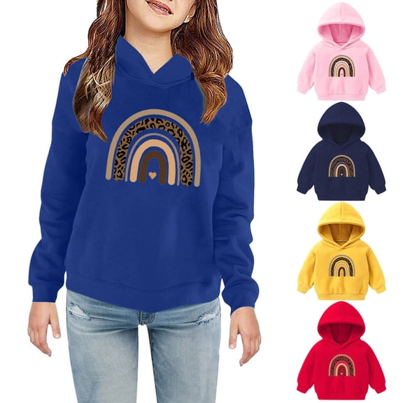 Zpanxa Toddler Kids Leopard Rainbow Print Hooded Sweatshirt Soft Warm Long Sleeve Casual Pullover Hoodie Daily Wear Gift for Girls