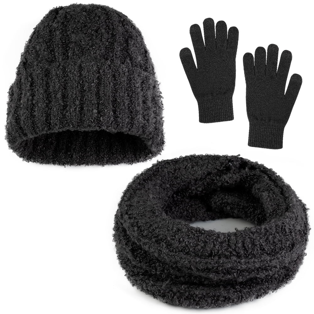 Sharemily home Winter Beanie Hat Scarf Gloves Set Knitted Hat Scarf Touch Screen Gloves Skiing Outdoor Sports for Men Women 