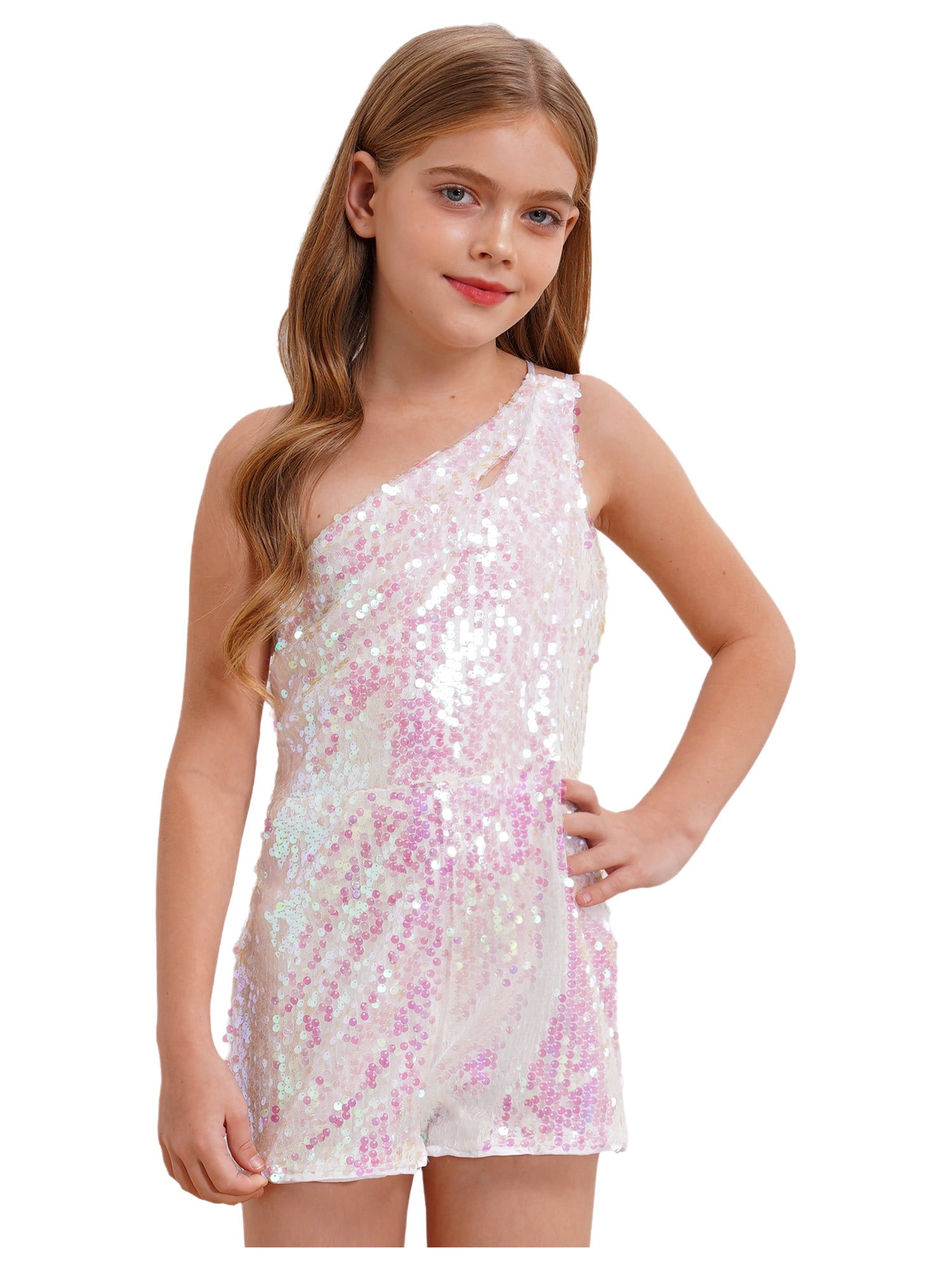 iiniim Kids Girls Sparkly Party Sequin Jumpsuit One Shoulders