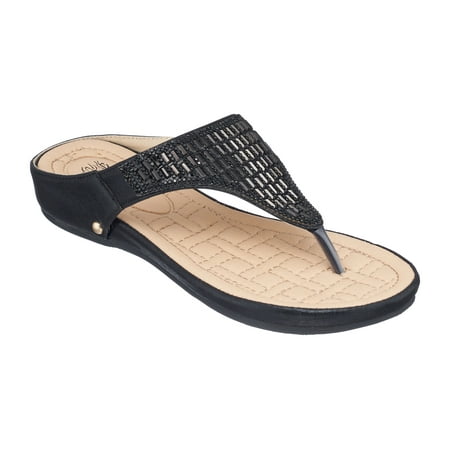 

GC Shoes Womens Comfort Flat Wedge Sandals Comfortable Slip On Rhinestone Thong Platform Sandal Flats Jamm/Black/6.5