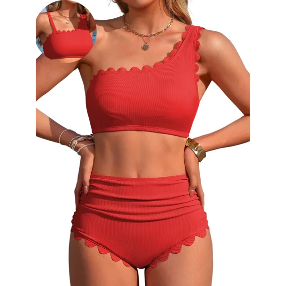 Sociala Women's One Shoulder Scallop Ribbed Bikini Sets Color Block Swimsuits High Waisted Bathing Suits
