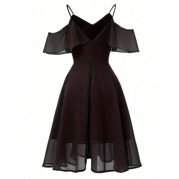 Black Off-Shoulder Chiffon Midi Dress With Ruffle V-Neck And Spaghetti Straps