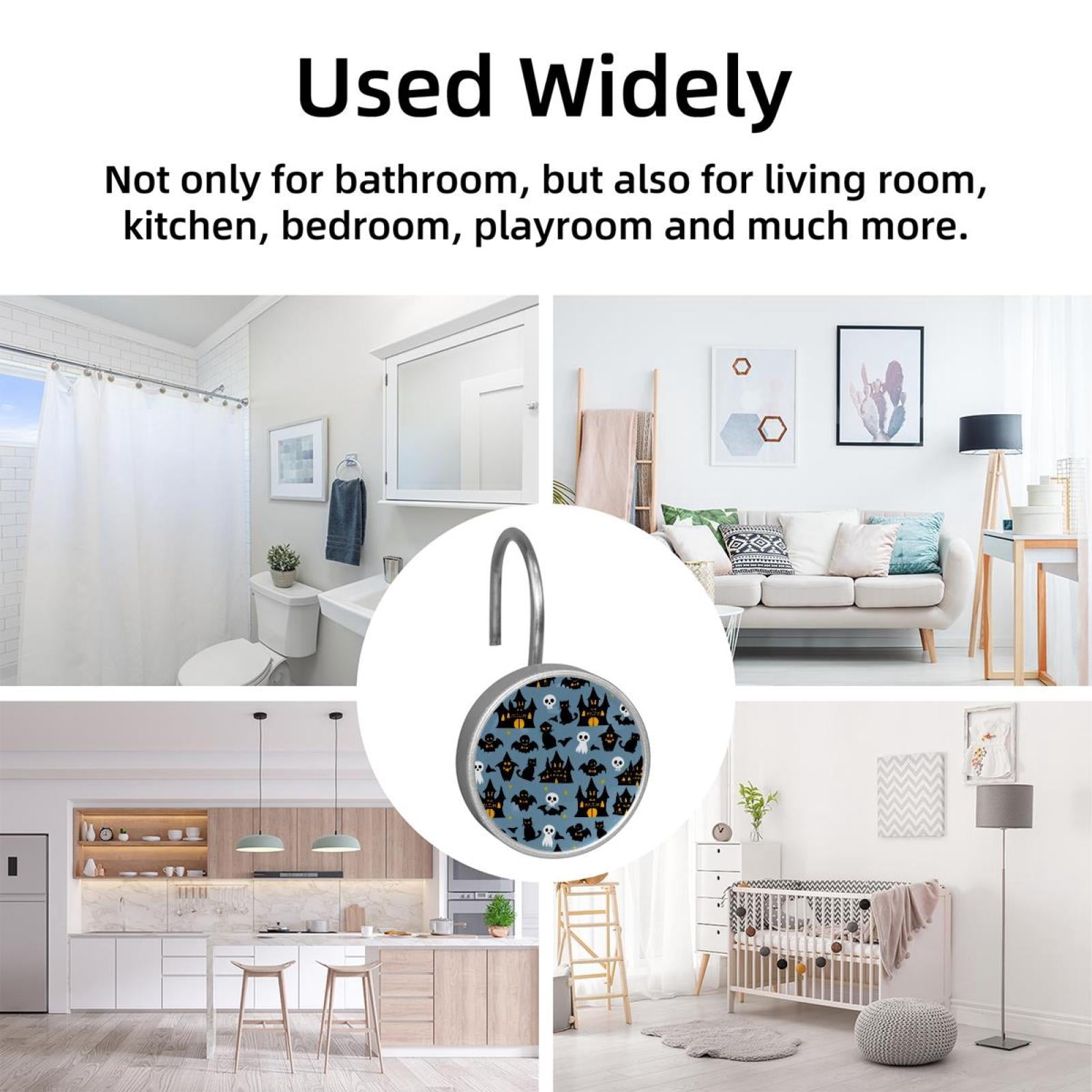 12pcs Decorative Shower Curtain Hooks, Rust Resistant Shower Rings for Bathroom Living Room,Rustproof Stainless Steel Rings for Shower Curtain and Liner Rods,Halloween Castle Bat Cats