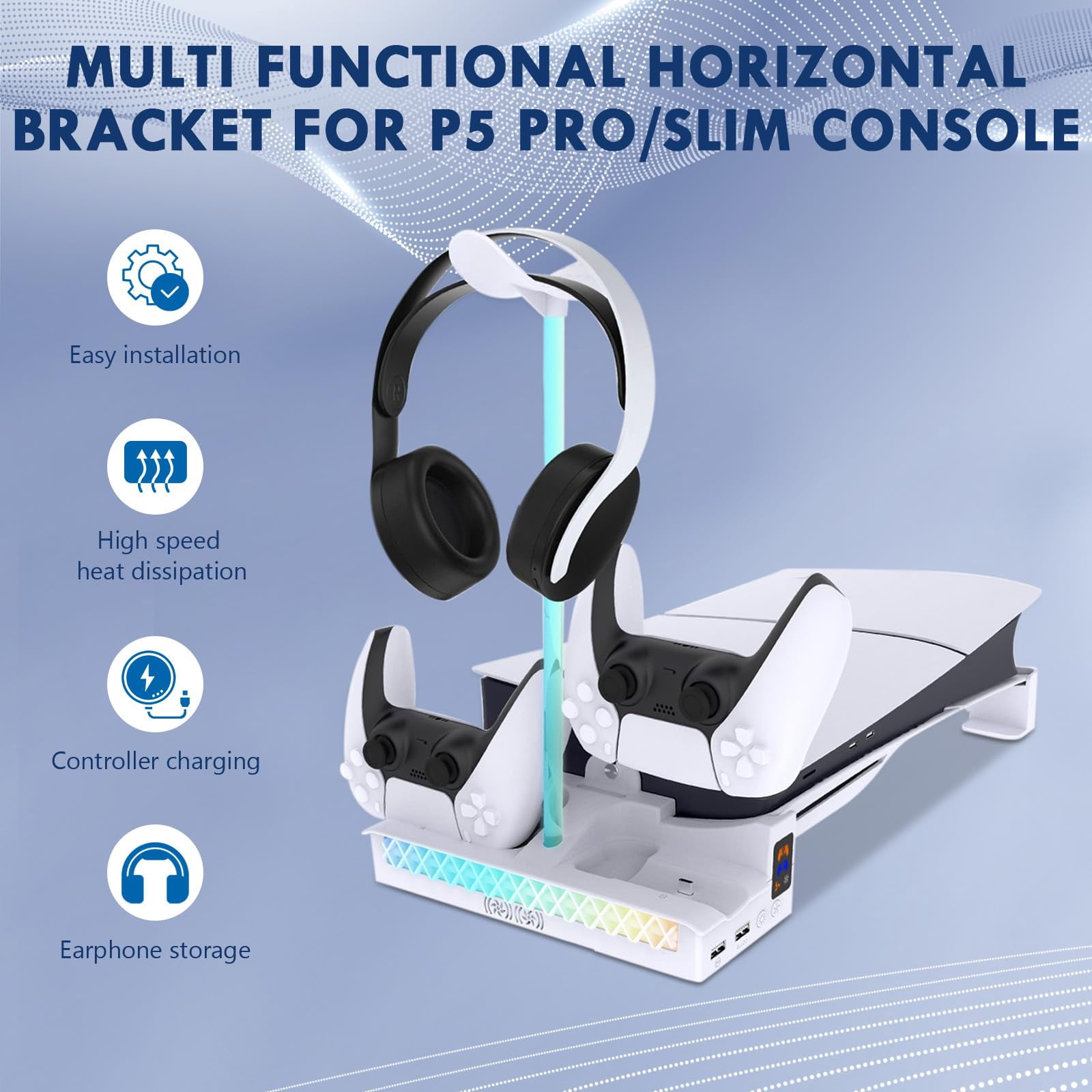 Cooling Station for PS5/PS5 Slim Console Disc/Digital Edition, PS5 Controller Charger with Dual, PS5 Stand for 3-Levels Cooling Fan, Removable Headset, Vertical Cooling Stand Holder
