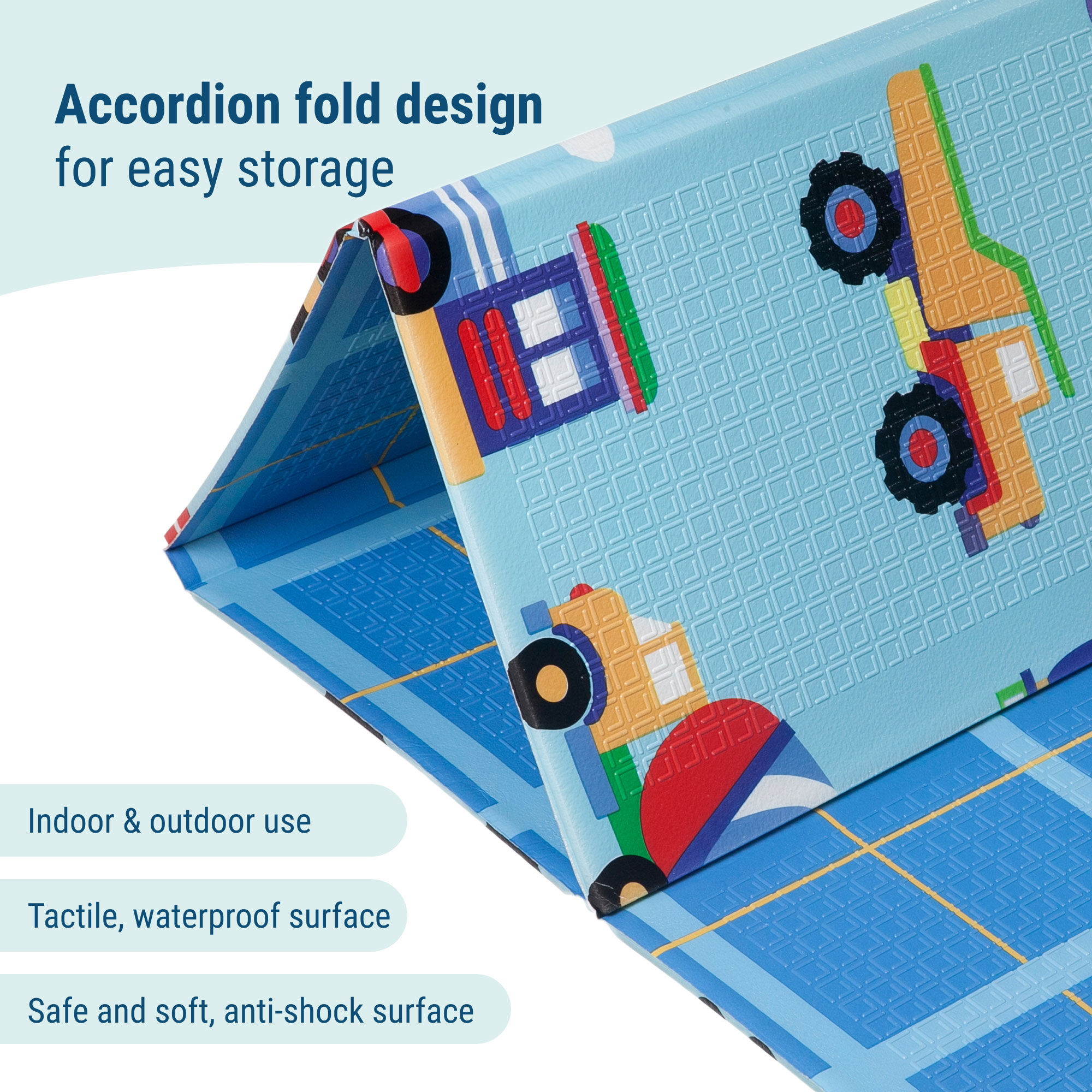Wildkin Baby Play Mat - Large Folding Foam Play Mat for Infants, Babies, Toddlers, Waterproof, Double-sided (70" x 59") - Trains, Planes & Trucks