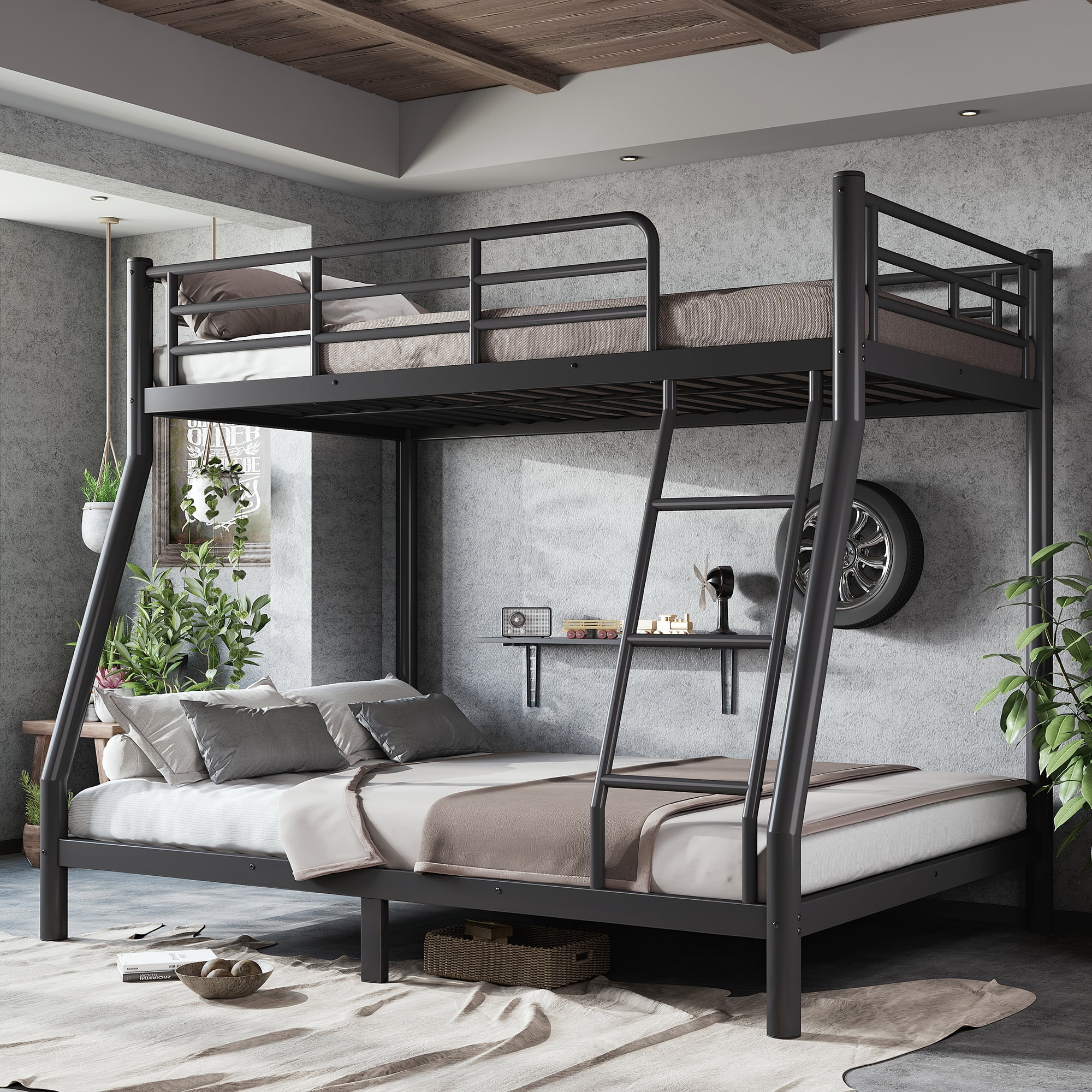 Mintazer Twin Over Full Metal Bunk Bed with Ladder & Guardrails for Bedroom Guest Room, Black
