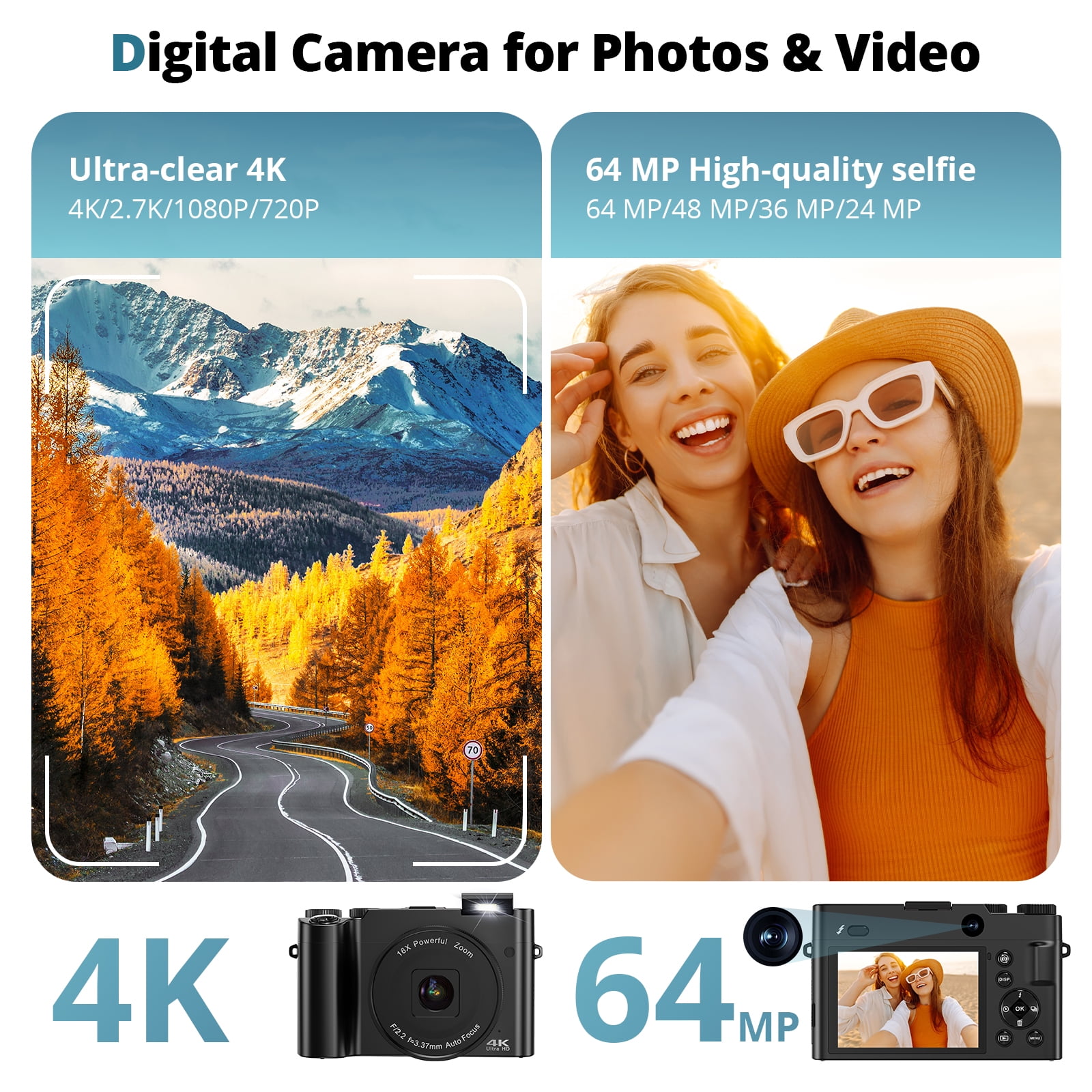 Digital Camera for Photography 4K 64MP Vlogging Camera for YouTube with 32GB SD Card, 2x Battery, 16X Zoom Point and Shoot Video Camaras, Dual Lens Flash Autofocus (Black)
