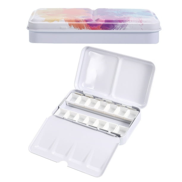 Paleta de acuarelas vacía Uxcell, lata de acuarela metálica con 14 medios pans, caja de pintura colorida de 14 pozos